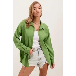 20153 Tek Cepli Oversize Keten Gömlek - E.Yeşil