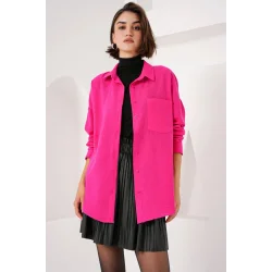 20153 Tek Cepli Oversize Keten Gömlek - Fuşya