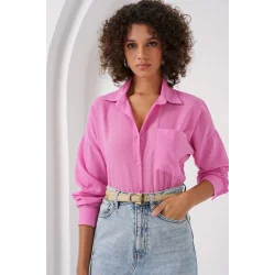 20153 Tek Cepli Oversize Keten Gömlek - Pembe