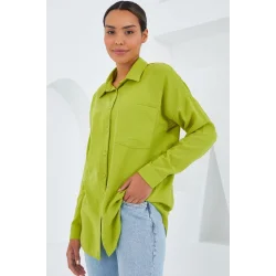 20153 Tek Cepli Oversize Keten Gömlek - Yağ Yeşil