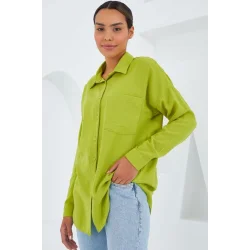 20153 Tek Cepli Oversize Keten Gömlek - Yağ Yeşil