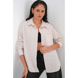 20205 Çizgili Oversize Gömlek - Krem