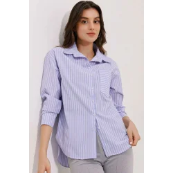 20205 Çizgili Oversize Gömlek - Mavi