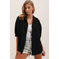 20213 Oversize Kısa Kol Basic Gömlek - Siyah