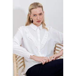 20223 Fırfırlı Uzun Kol Gömlek - Beyaz