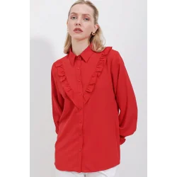 20223 Fırfırlı Uzun Kol Gömlek - Kırmızı