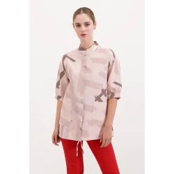 20226 Desenli Oversize Gömlek - Bej