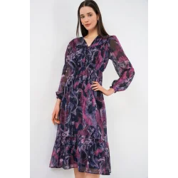 2137 Desenli Şifon Elbise - Koyu Lila