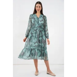 2137 Desenli Şifon Elbise - Mint Yeşili