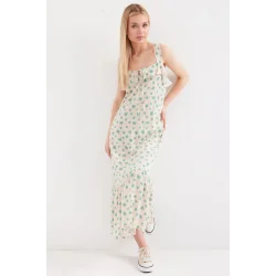 2237 Desenli Askılı Viskon Elbise - Çağla