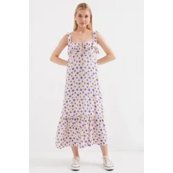 2237 Desenli Askılı Viskon Elbise - Lila