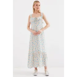 2237 Desenli Askılı Viskon Elbise - Mavi