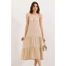 2403 Askılı Midi Elbise - Krem