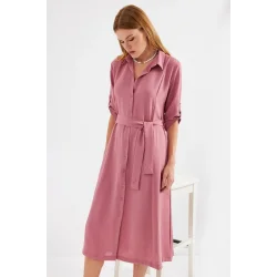 2442 Kuşaklı Gömlek Elbise - A.Gül Kurusu