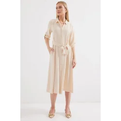2442 Kuşaklı Gömlek Elbise - Krem