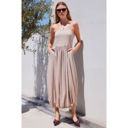 2492 Askılı Örme Salopet Elbise - Bej