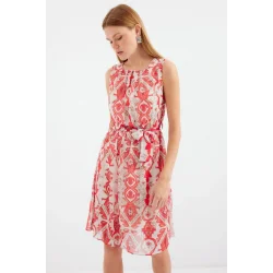 2501 Desenli Sıfır Kol Şifon Elbise - Kırmızı