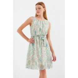 2501 Desenli Sıfır Kol Şifon Elbise - Mint