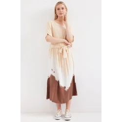 2504 Desenli Kısa Kol Viskon Elbise - Krem