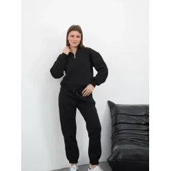 3 iplik içi Şardonlu yarım fermuarlı alt üst takım siyah