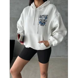 3 iplik şardonlu oversize kafa baskılı sweat beyaz