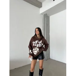 3 iplik şardonlu oversize out of baskılı sweat kahve