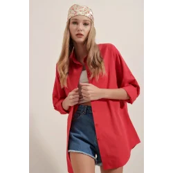 3900 Oversize Uzun Basic Gömlek - Kırmızı