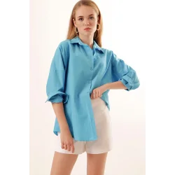 3900 Oversize Uzun Basic Gömlek - Koyu Mavi