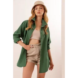 3900 Oversize Uzun Basic Gömlek - Zümrüt Yeşili