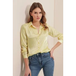 3964 Hafif Dökümlü Saten Gömlek - B.Sarı