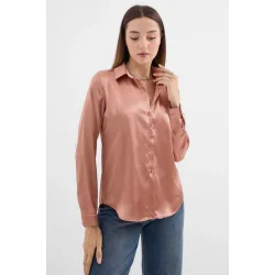 3964 Hafif Dökümlü Saten Gömlek - Camel
