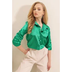 3964 Hafif Dökümlü Saten Gömlek - D.Yeşil