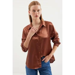 3964 Hafif Dökümlü Saten Gömlek - Taba