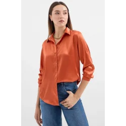 3964 Hafif Dökümlü Saten Gömlek - Turuncu
