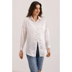 3985 Oversize Saten Gömlek - Bej