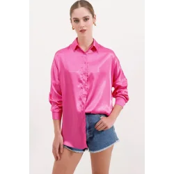 3985 Oversize Saten Gömlek - Fuşya