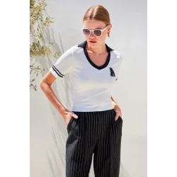 4320 Polo Yaka Basic Triko Bluz - Beyaz