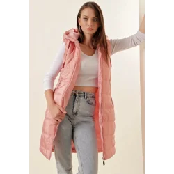 5140 Kapşonlu Uzun Şişme Yelek - Pembe