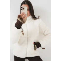 5178 Astarlı Peluş Mont - Beyaz