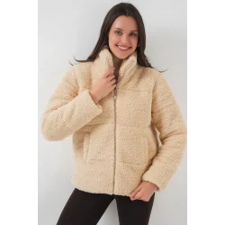 5178 Astarlı Peluş Mont - Krem