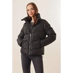 5205 Dik Yaka Fermuarlı Şişme Mont - Siyah