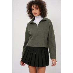 55449 Fermuarlı Yaka Örme Sweatshirt - Haki