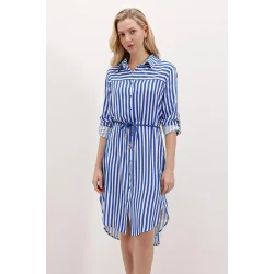 5629 Çizgili Kemerli Elbise - Saks