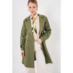 5864 Kruvaze Yaka Kısa Trençkot - Haki