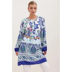 5902 Kemerli Desenli Elbise - Saks