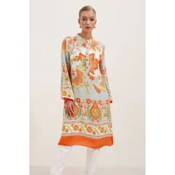5903 Desenli Viskon Elbise - Turuncu