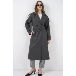 5941 Kruvaze Yaka Uzun Trençkot - Antrasit