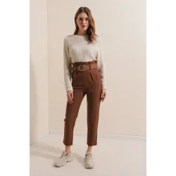6556 Kemerli Kumaş Pantolon - Kahverengi