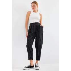 6637 Yüksek Bel Çizgili Kumaş Pantolon - Siyah