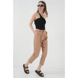 6660 Kemerli Keten Pantolon - Bisküvi